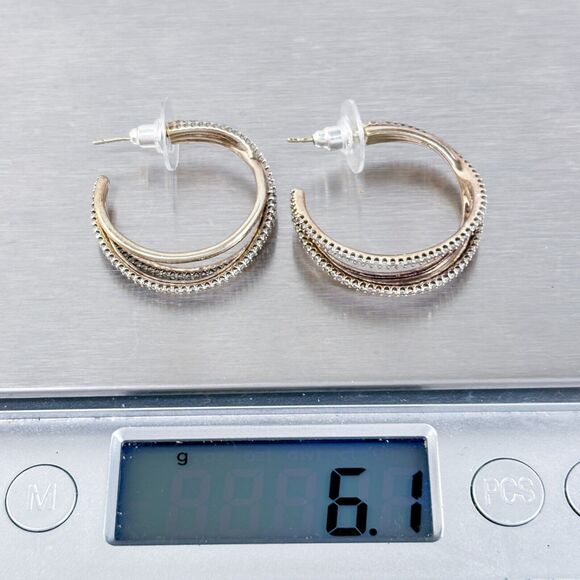 Vintage Sterling Silver 925 Gold Tone Cubic Zirconia Textured Hoop Earrings - Picture 5 of 6